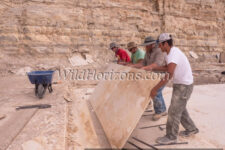 Lifting a large slab of fossiliferous limestone at a quarry near Kemmerer, Wyoming, owned by Green River Stone Company, headquartered in Logan, Utah. This crew is excavating the "18-inch" layer, which refers to the average thickness of the rock layer containing the most fossils from an ancient lakebed of Eocene age in the Green River Formation of SW Wyoming, USA. The quarry is in close proximity to Fossil Butte National Monument. Model Releases available for all people shown in this series of photos. The quarry manager is Matt Helm (brown shirt), and his crew are David Dilworth (green t-shirt), Dallin Ahrnsbrak (white t-shirt), and Jacob Benner (red t-shirt).