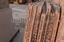 Identification notes on palletized slabs of fossiliferous limestone at fossil quarry near Kemmerer, Wyoming, owned by Green River Stone Company. These slabs are ready to be trucked to their company prep lab in Logan, Utah, USA.